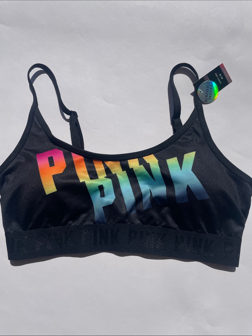 PINK Victoria's Secret Black Sports Bralette with Rainbow Logo